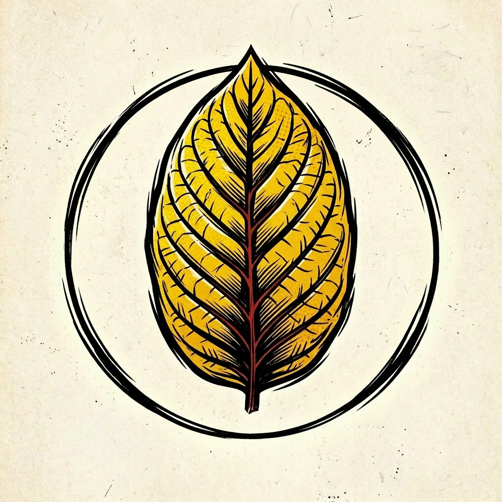 Yellow kratom leaf illustration with clear vein details inside a black circle